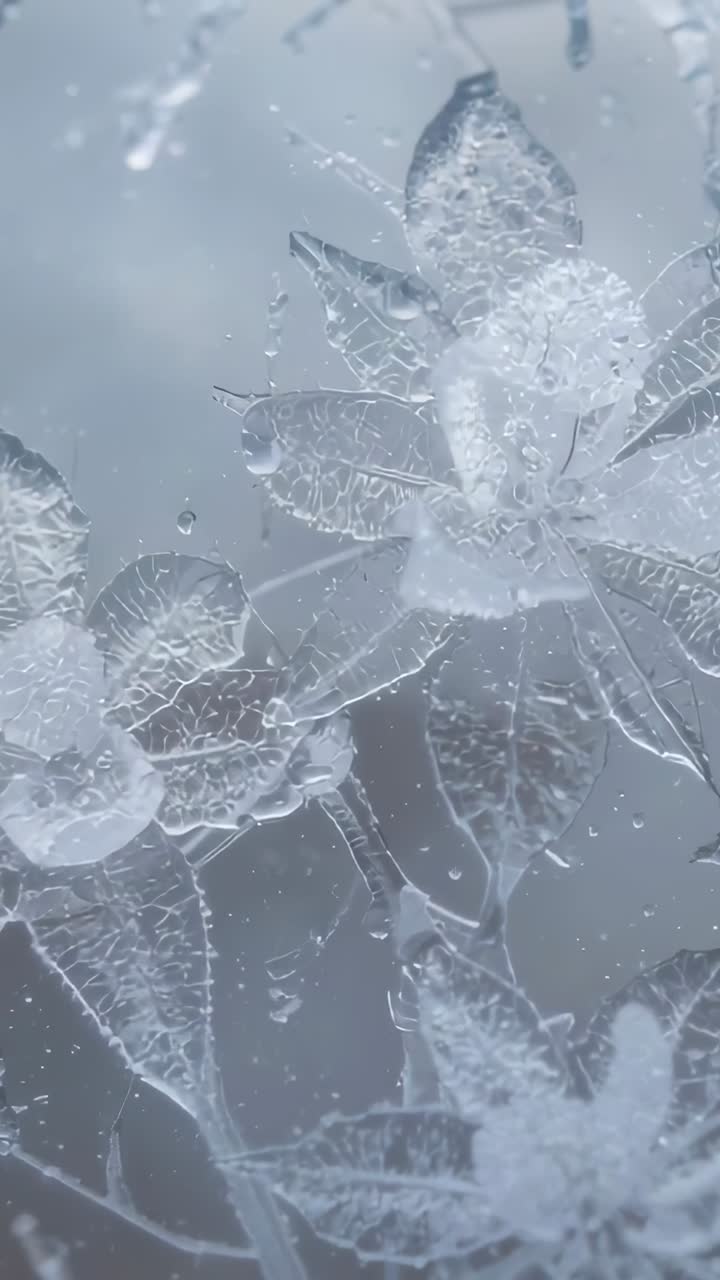 Video verticale: immagine che mostra la formazione di goccioline dovuta allo scioglimento del ghiaccio su vetro acidato con motivi floreali
