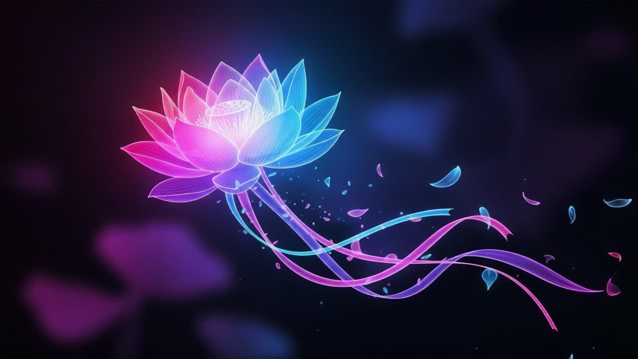 A Beautifully Animated Lotus Flower with Elegant Petals Floating in a Ethereal Space, Radiating Colorful Light in a Serene Atmosphere