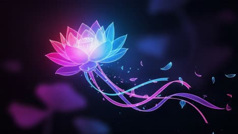 a beautifully animated lotus flower with elegant petals floating in a ethereal space, radiating colorful light in a serene atmosphere
