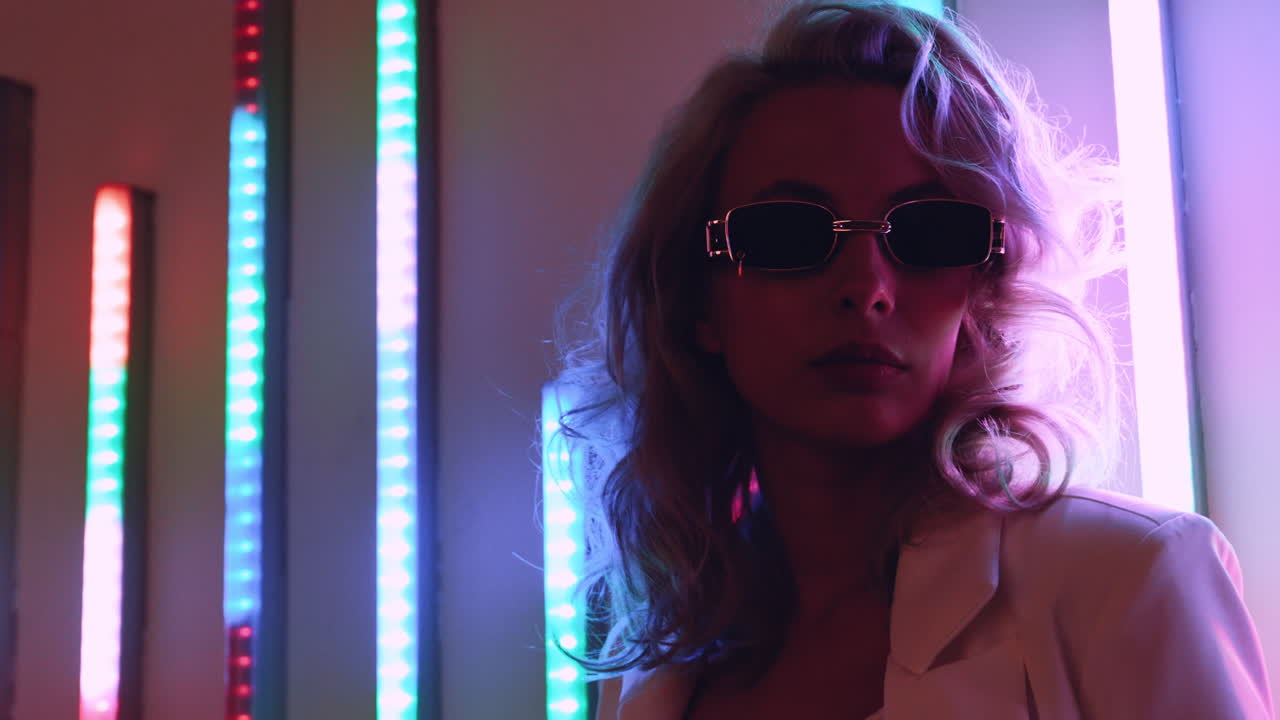 mujer elegante con luces de neón