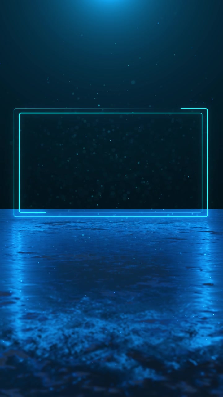 Cyan neon rektangel scenebaggrund med glødende ramme, mørkt reflekterende gulv og blå partikelatmosfære
