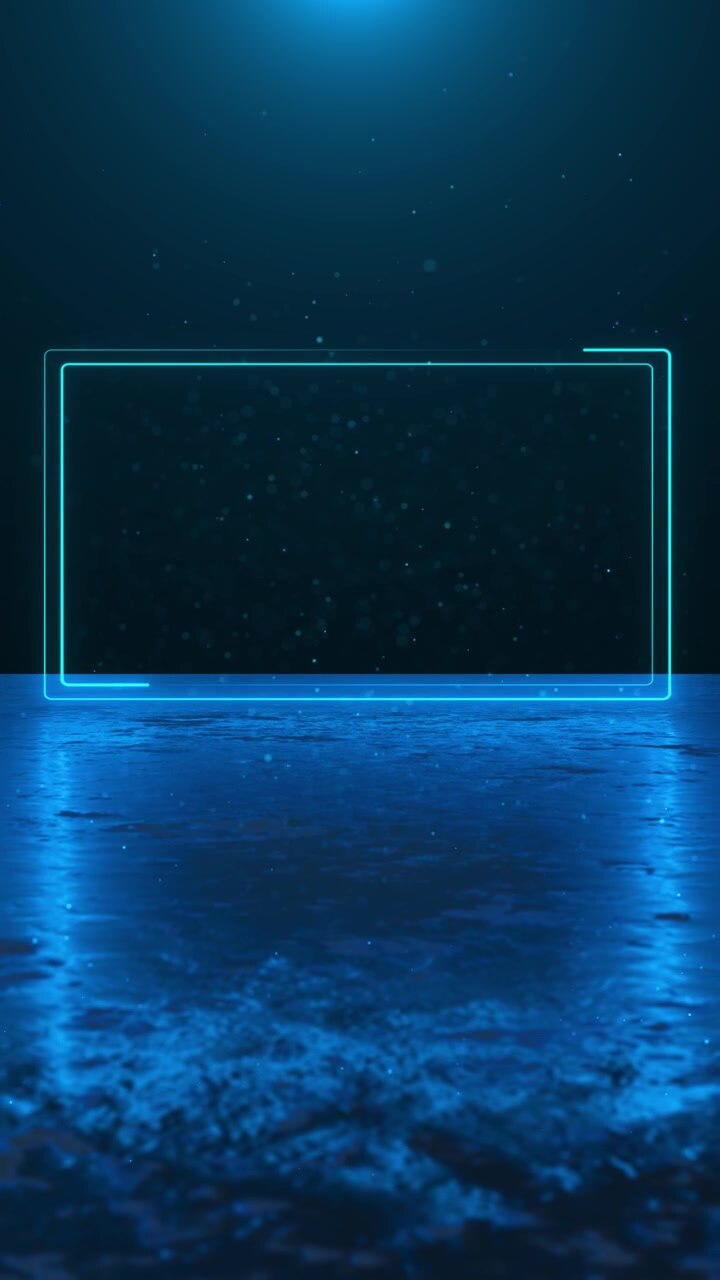 Sfondo di palco rettangolare al neon ciano con cornice luminosa, pavimento scuro riflettente e atmosfera di particelle blu