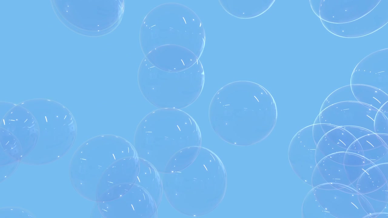 Translucent spheres drift slowly across a bright blue sky with soft reflections and gentle movement