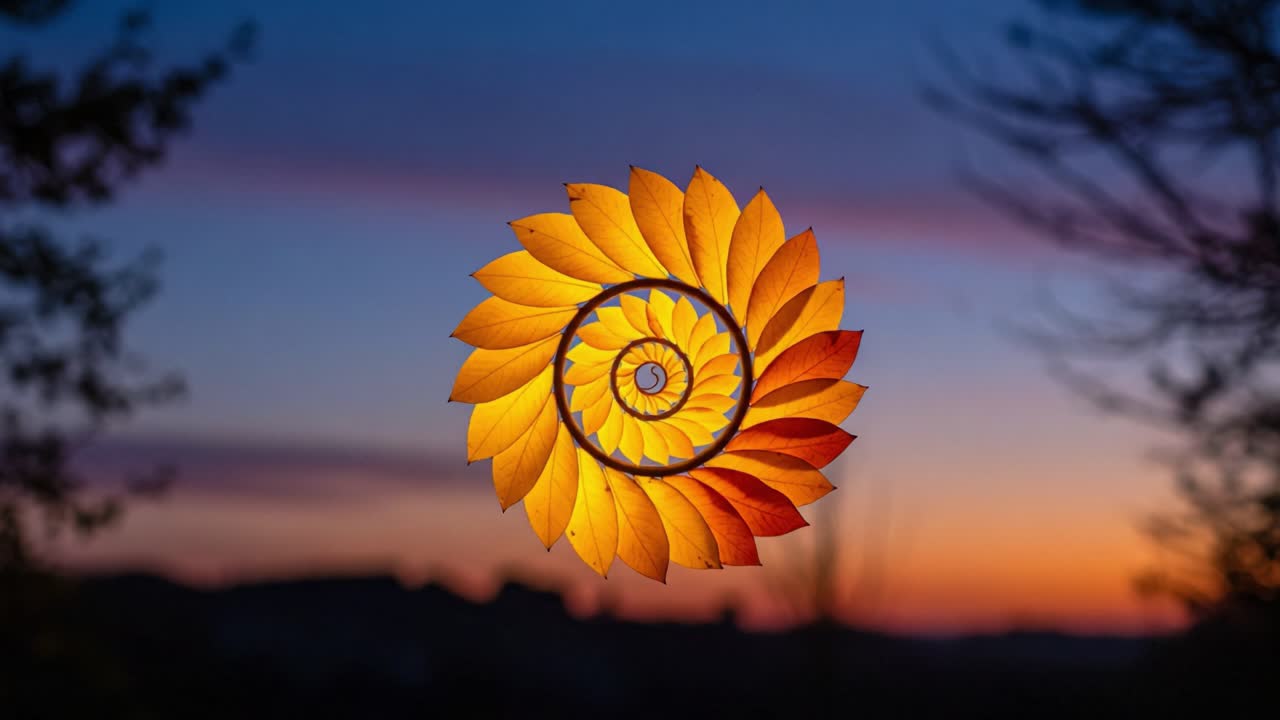 A Stunning Visual of Nature's Spiral: Radiant Leaves Forming a Mesmerizing Nautilus Shape Against a Breathtaking Sunset Sky