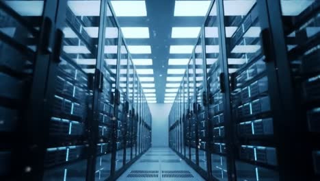 A tour of a state-of-the-art data center showcasing rows of server racks with blinking lights, illuminating the spacious interior.