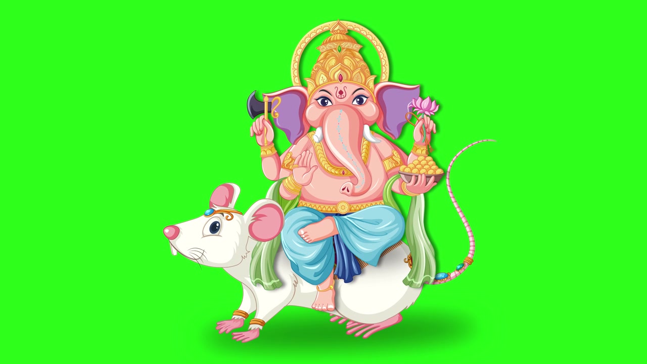 Ilustração em estilo cartoon do Senhor Ganesha montado em um rato branco contra um fundo de tela verde