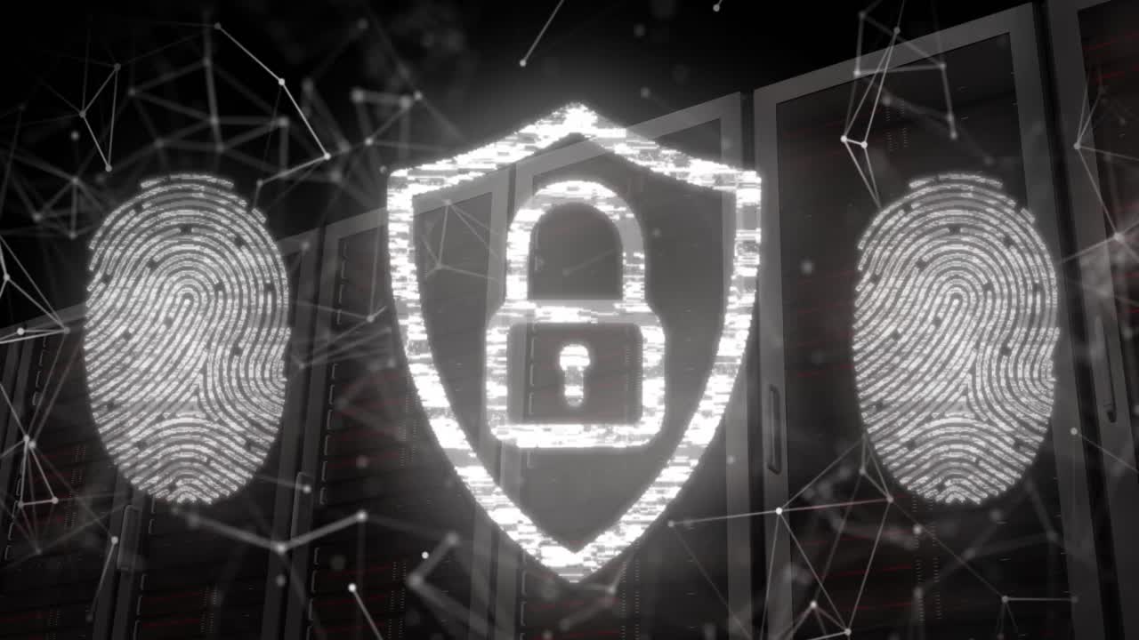 анимация отпечатков пальцев и замка в щите над соединенными точками против серверных стоек