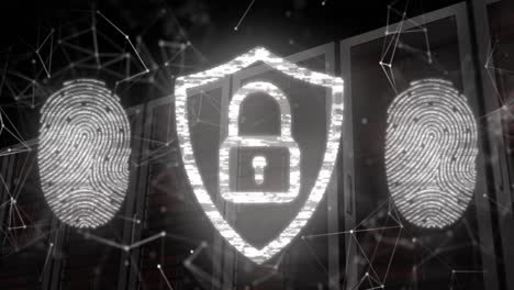animation of fingerprints and padlock in shield over connected dots against server racks
