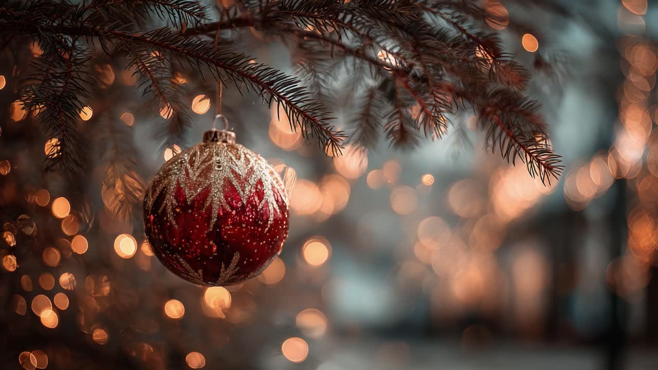 Lähikuva kauniisti koristellusta joulukoristeesta, joka roikkuu männyn oksalla, taustalla bokeh-valot, jotka vangitsevat juhlatunnelman
