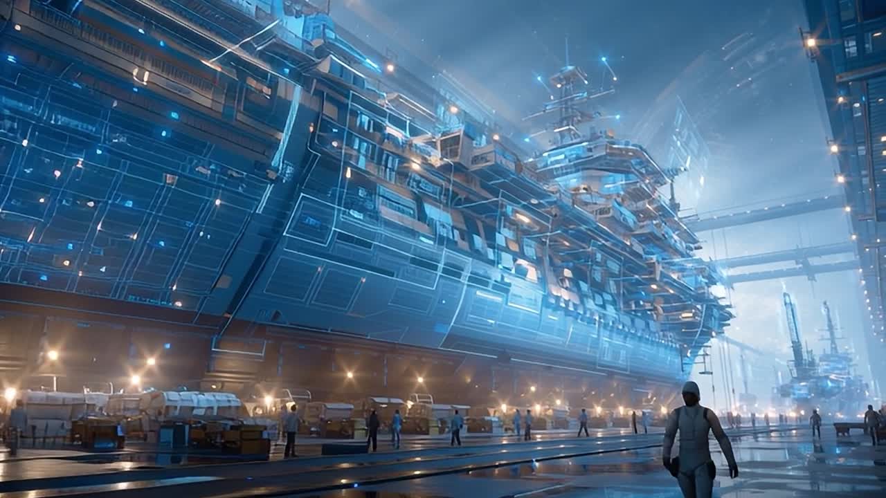 Futuristic shipyard with massive starship under construction at night