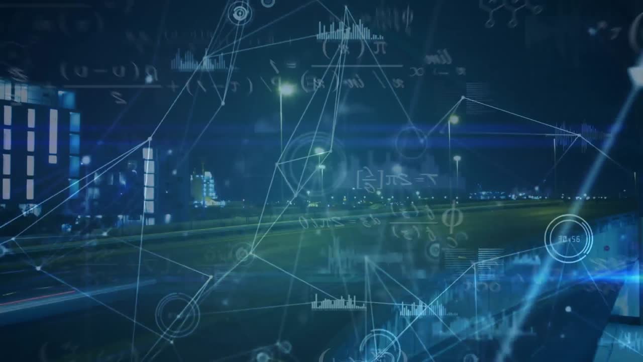 데이터 처리 및 도시에 대한 수학적 방정식과 연결 네트워크의 애니메이션