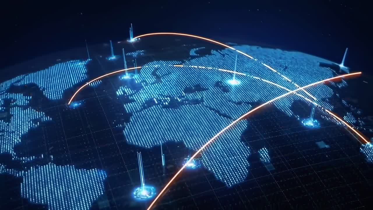 Futuristic video of a digital world map from a top-down angle, highlighting data flow