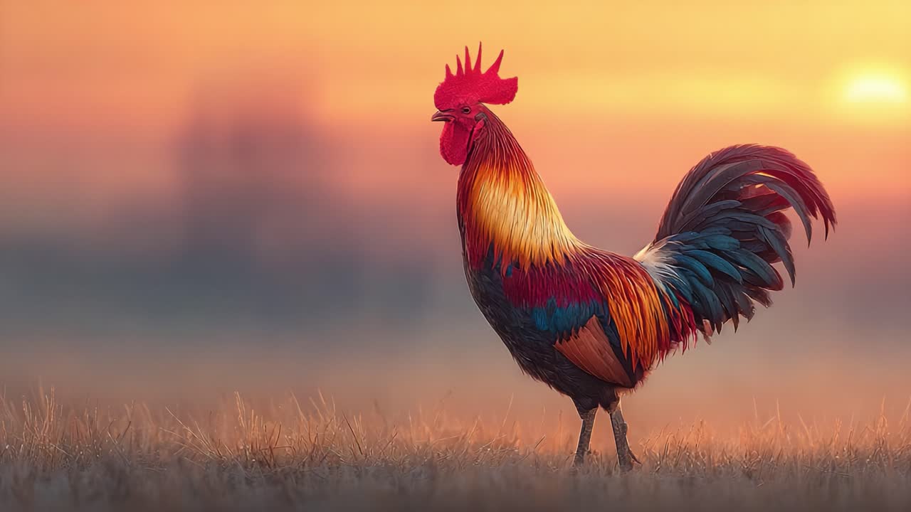 A Majestic Rooster Stands Proudly Against a Breathtaking Sunrise, Showcasing Its Vibrant Feathers and Capturing the Essence of Dawn's Serenity in Nature