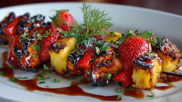 De délicieuses brochettes d'ananas grillé et de fraises arrosées d'une sauce sucrée : une gâterie colorée et savoureuse, parfaite pour toute occasion.