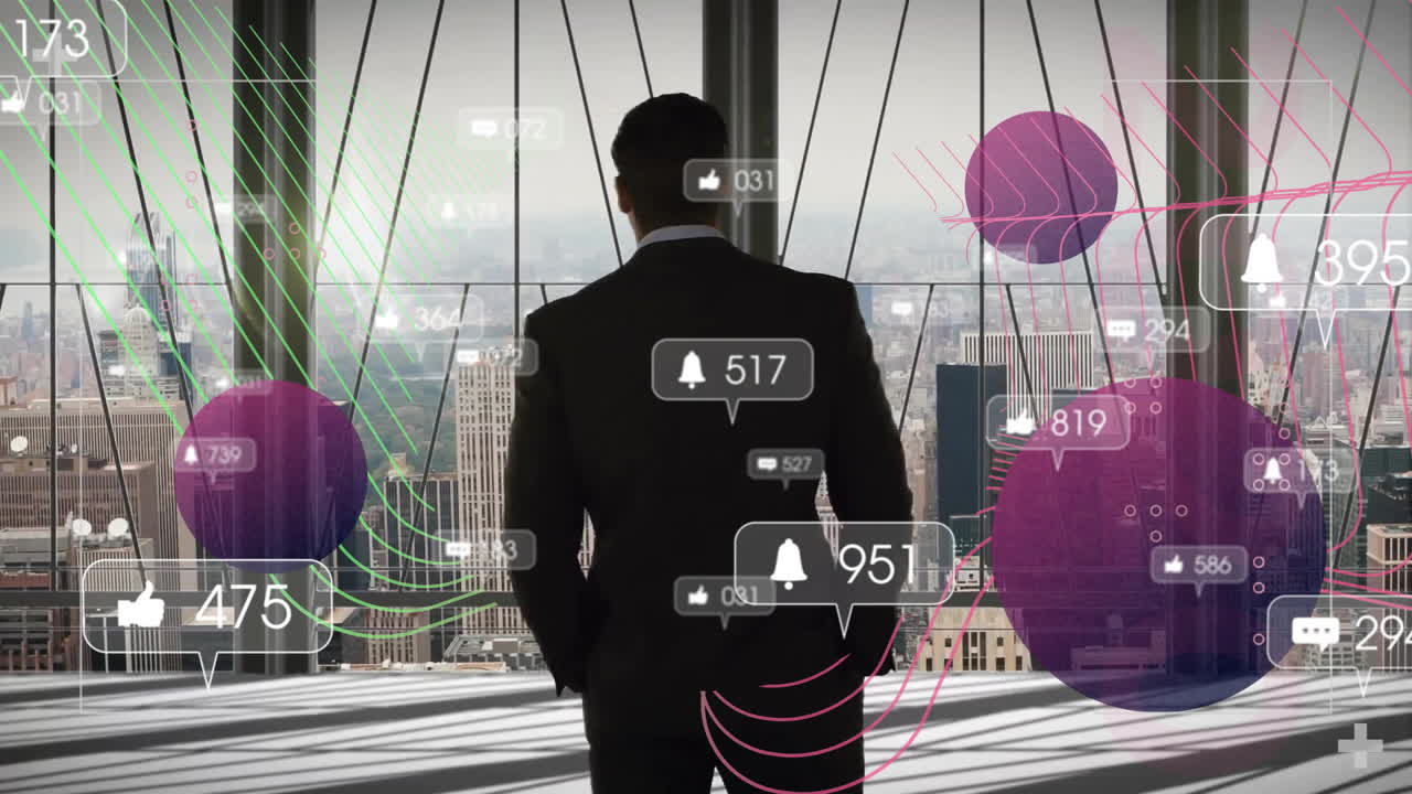 Man standing in skyscraper office, showing notification icons and social media analytics flows