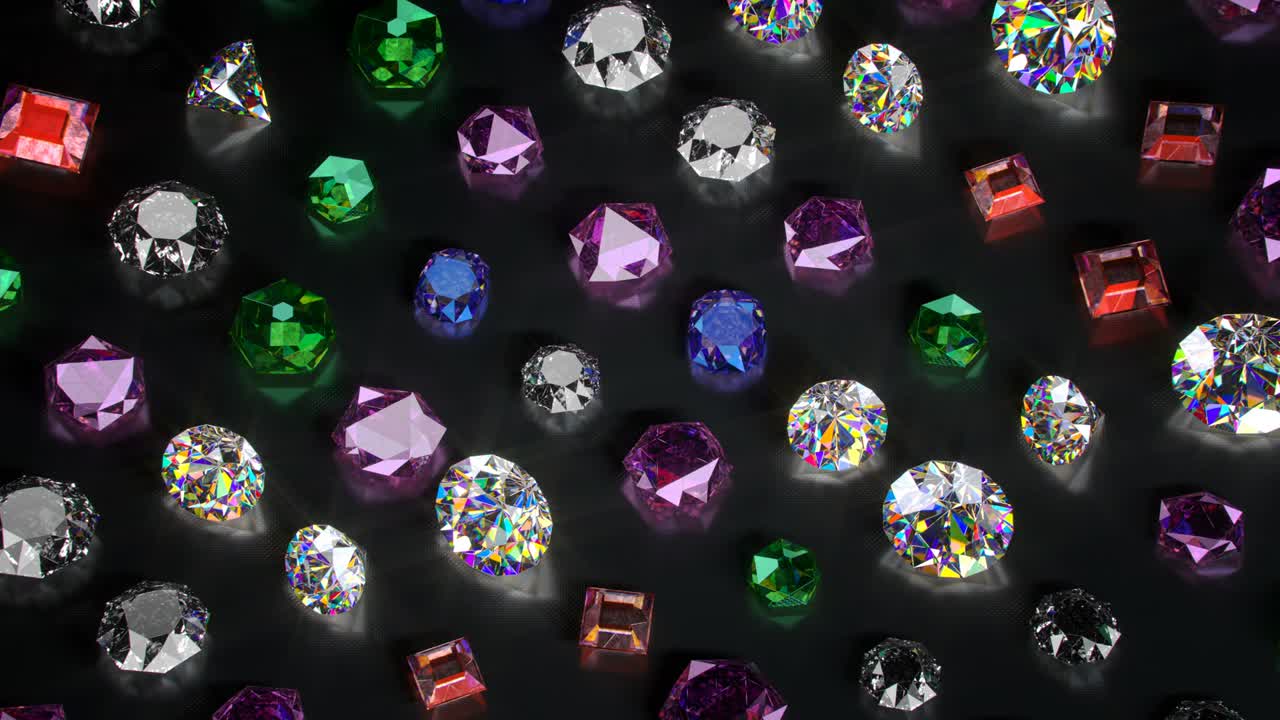 Colorful gemstones 3D render seamless loop animation