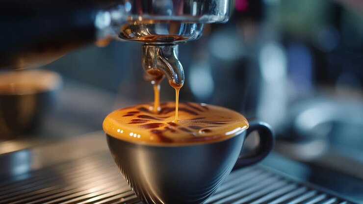 Un ricco espresso si versa in una tazza elegante. Il vapore sale delicatamente, catturando calore e aroma. Il liquido scuro scorre lentamente, creando un motivo uniforme. Una moderna macchina da caffè aggiunge consistenza e profondità.