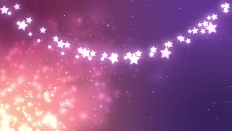 animation of glowing star shaped fairy lights over spots on purple to pink background