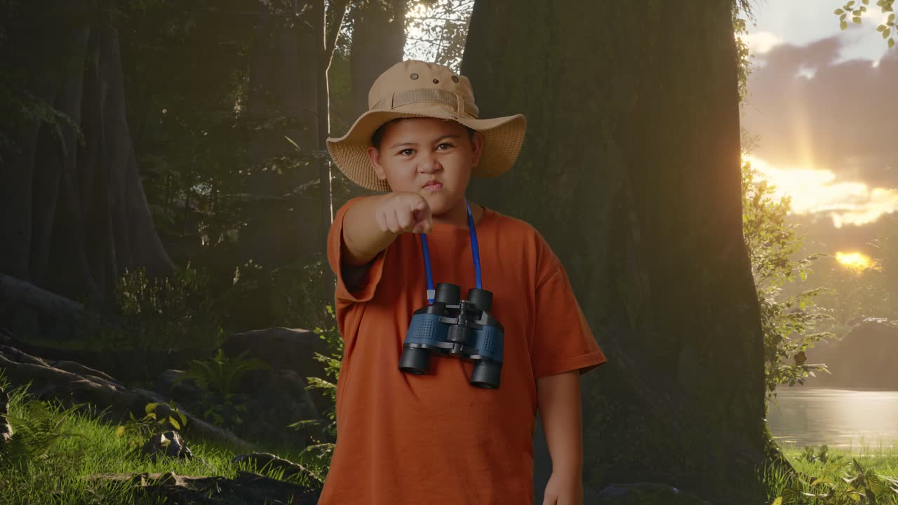 niño asiático con un sombrero y binoculares apuntando con el dedo hacia ti y hablando furiosamente en contra de culparte mientras explora la naturaleza del bosque. niño investigador, concepto de aventura de turismo de viaje