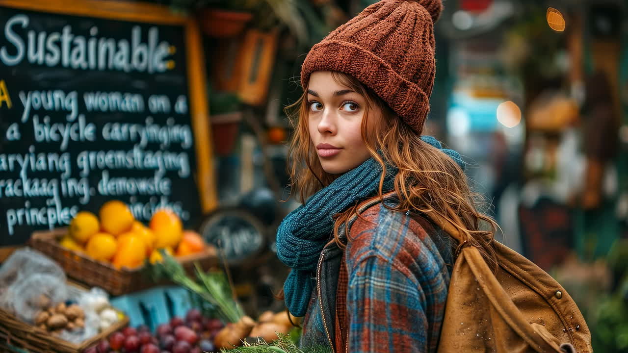 Young woman at eco market. A young woman explores a vibrant sustainable marketplace in autumn, carrying fresh produce and enjoying the scenery