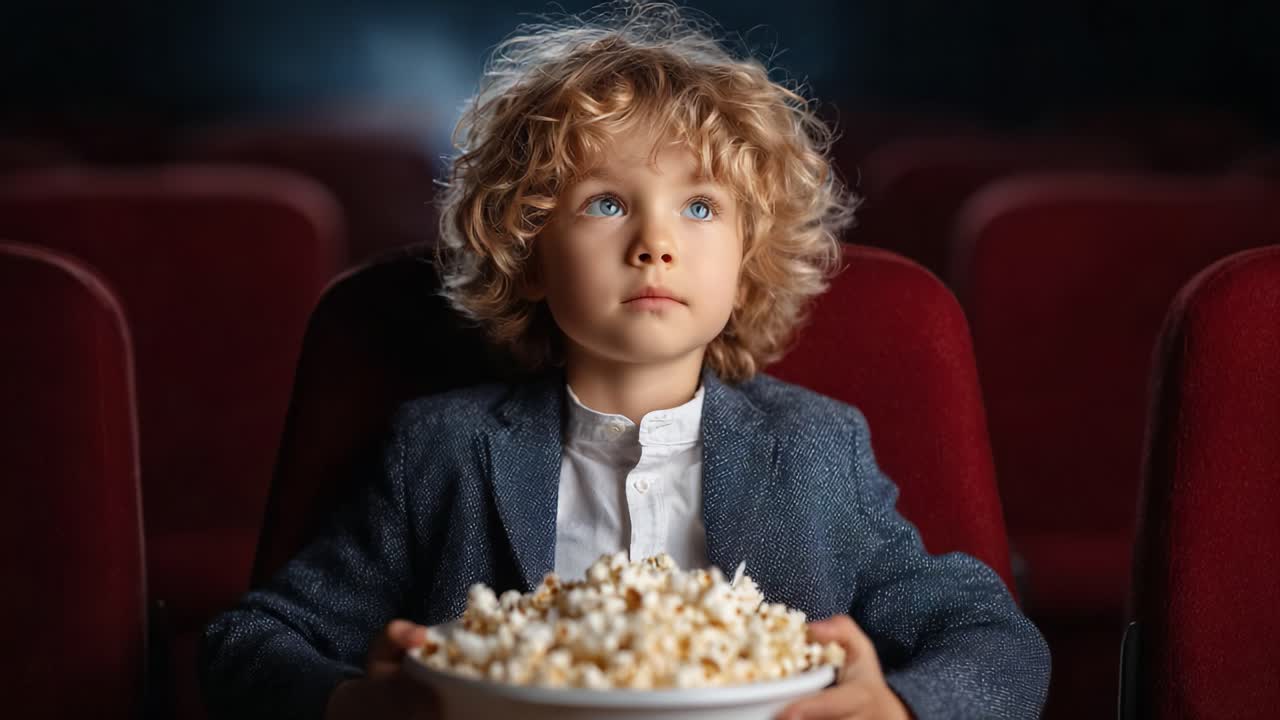 Captivated by the Screen: A Young Boy in a Cinema Immersed in the Movie Experience, Holding a Bowl of Popcorn in Anticipation