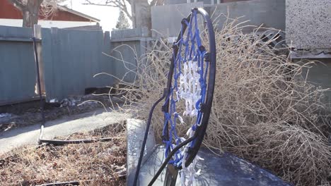 an old torn down basket ball hoop laying in the front yard of a home during the day time