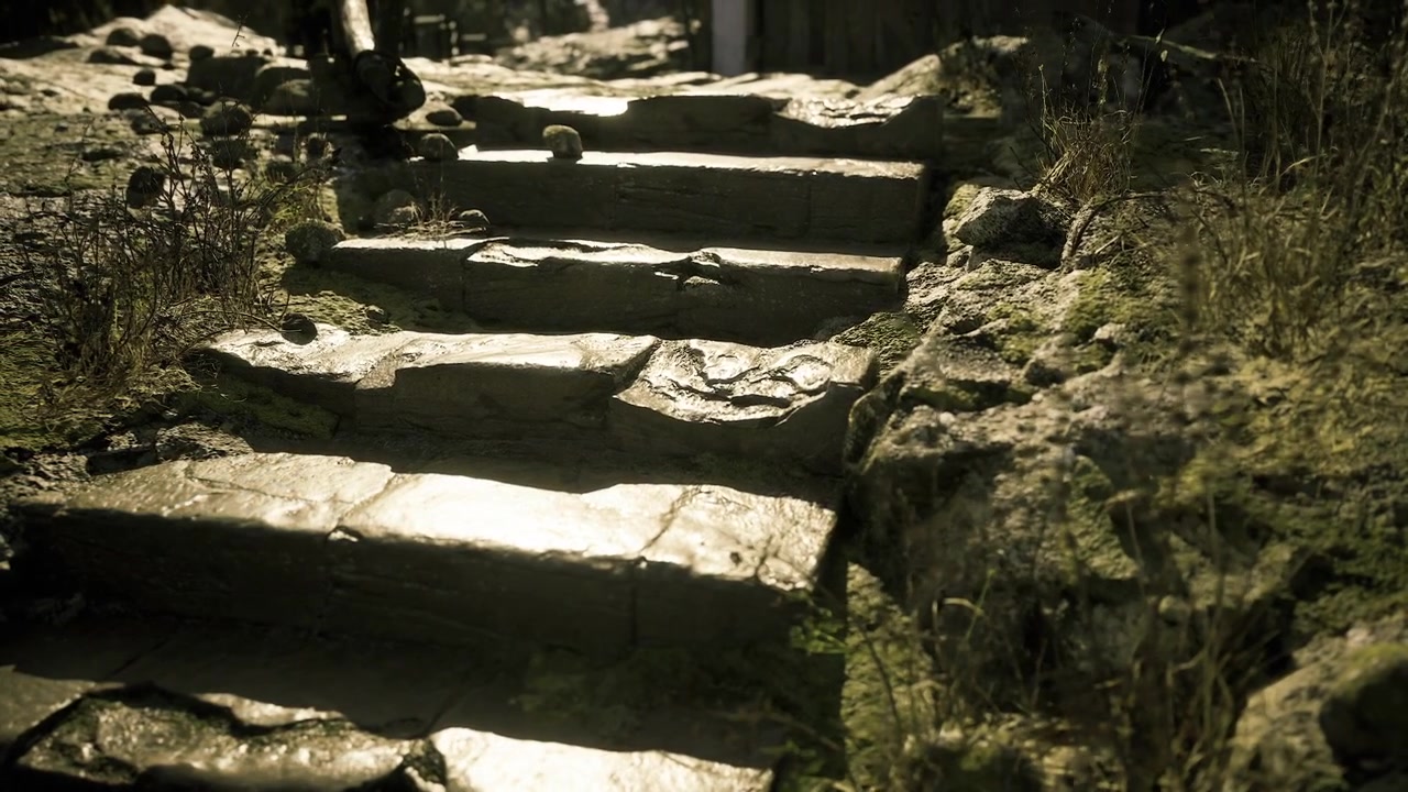 Warm sunlight highlights stone edges along lengthy perspective lines