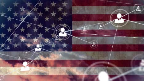 Animation of people icons connecting with lines over flag of america and clouds