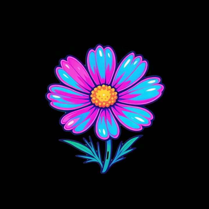 Animeret neonblomst-illustration på sort baggrund