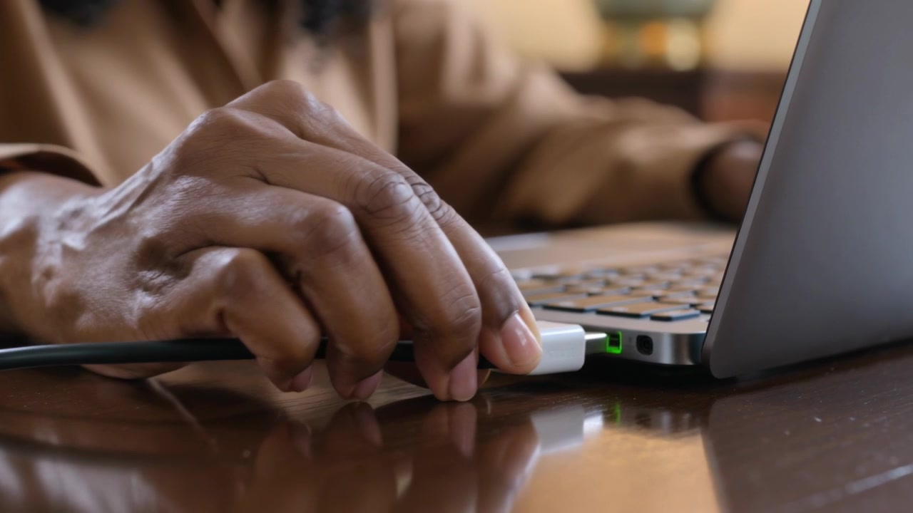 Pulling right hand in brown cuff removing white USB connector from laptop at home, disconnecting