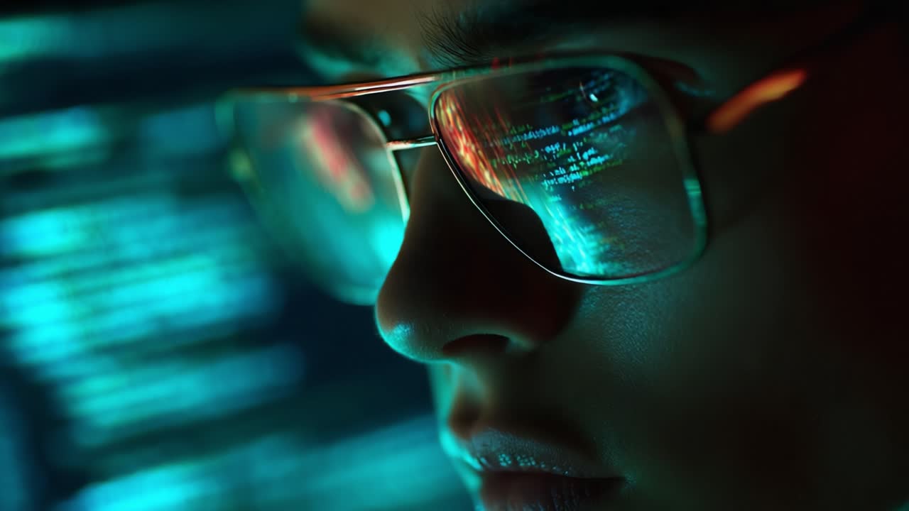 Primo piano di una persona che indossa occhiali, intensamente concentrata su codice informatico illuminato da una vivace visualizzazione di luci colorate su uno sfondo scuro
