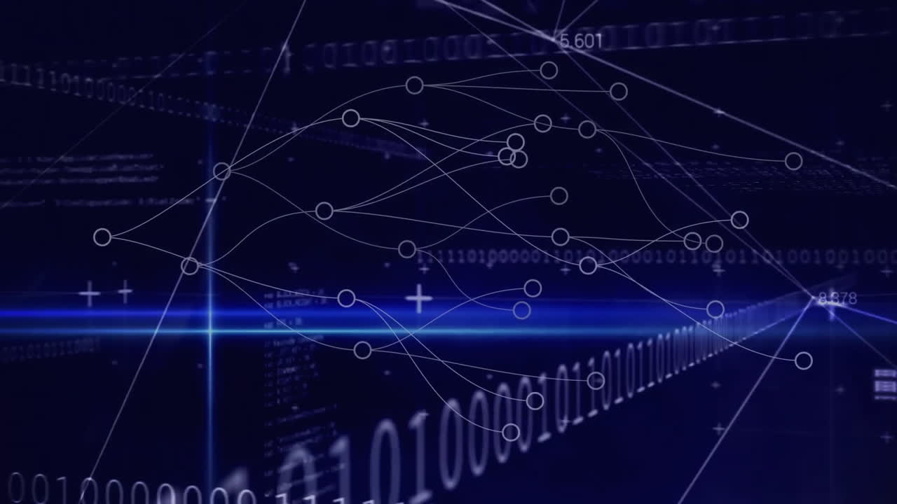 Animation of data processing and network of connections over binary coding