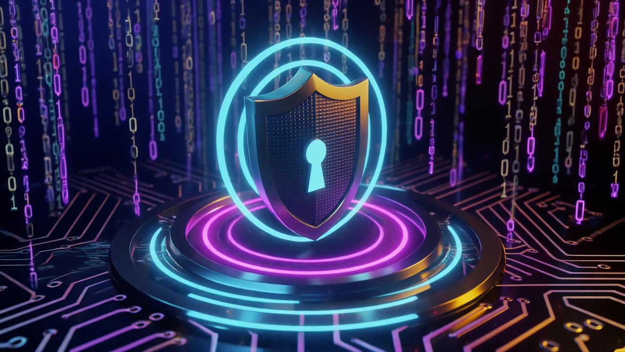 Digital Security Shield Icon on Circuit Board with Binary Code