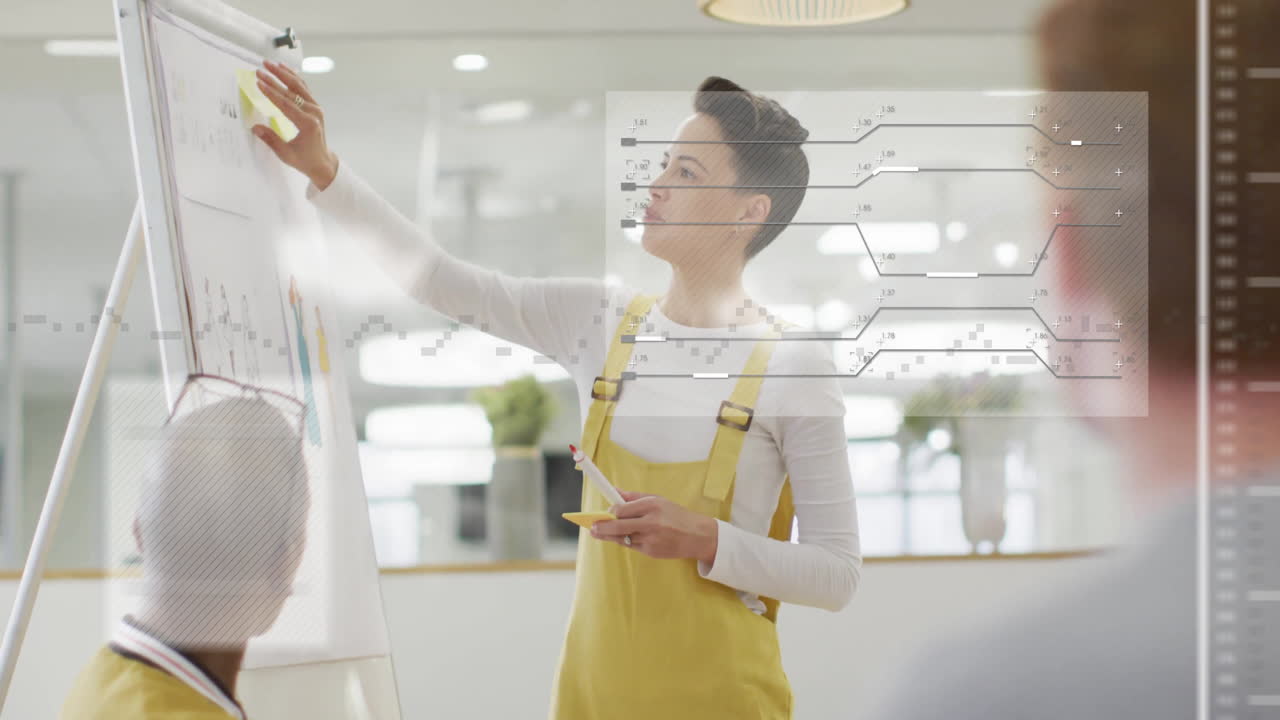 Presenting data on whiteboard, businesswoman using technical animation at meeting