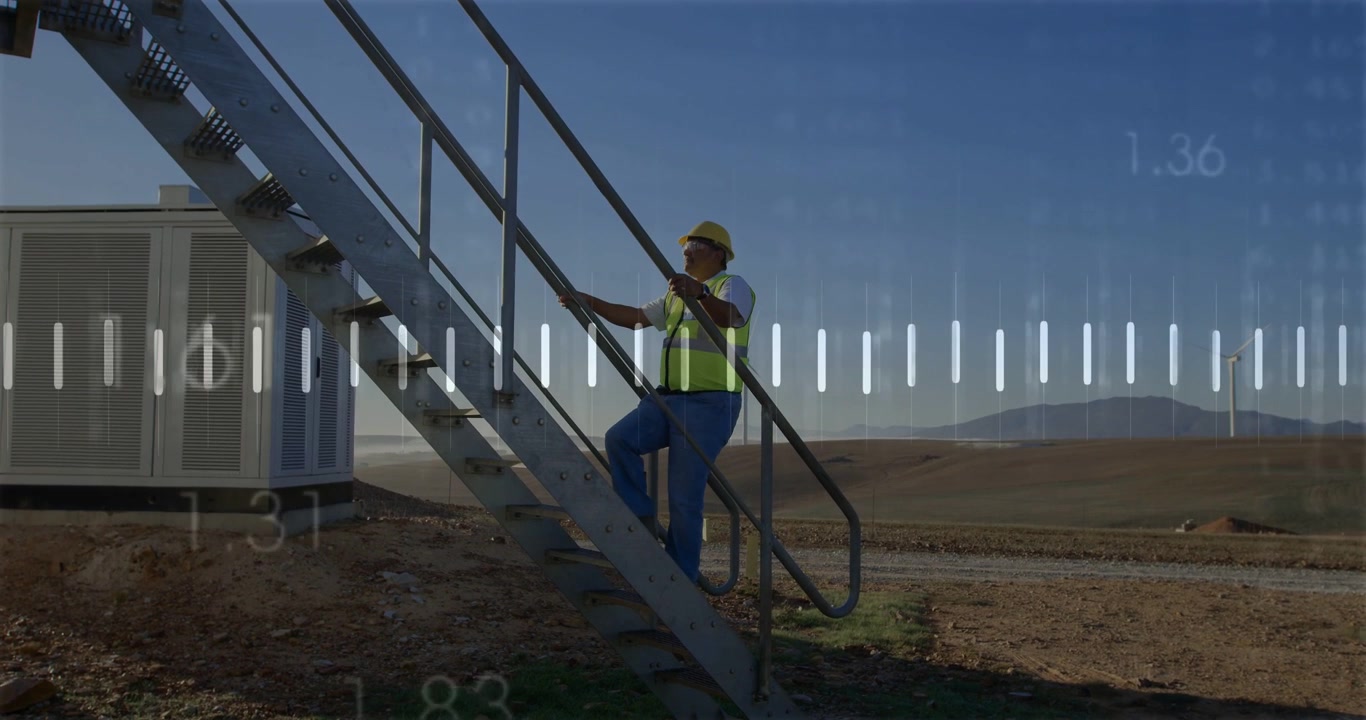 Male tech approaching stairs gripping rail climbing to reach utility site waveform partly obscuring