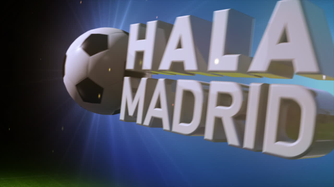 An exciting 3D render of &amp;quot;HALA MADRID&amp;quot; hovering above a soccer field