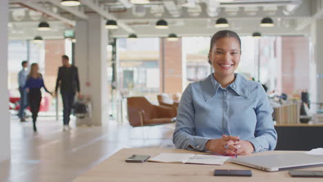 Retrato-De-Una-Mujer-De-Negocios-Trabajando-En-Un-Escritorio-En-Una-Oficina-Moderna-Y-Abierta-Con-Colegas-En-Segundo-Plano.