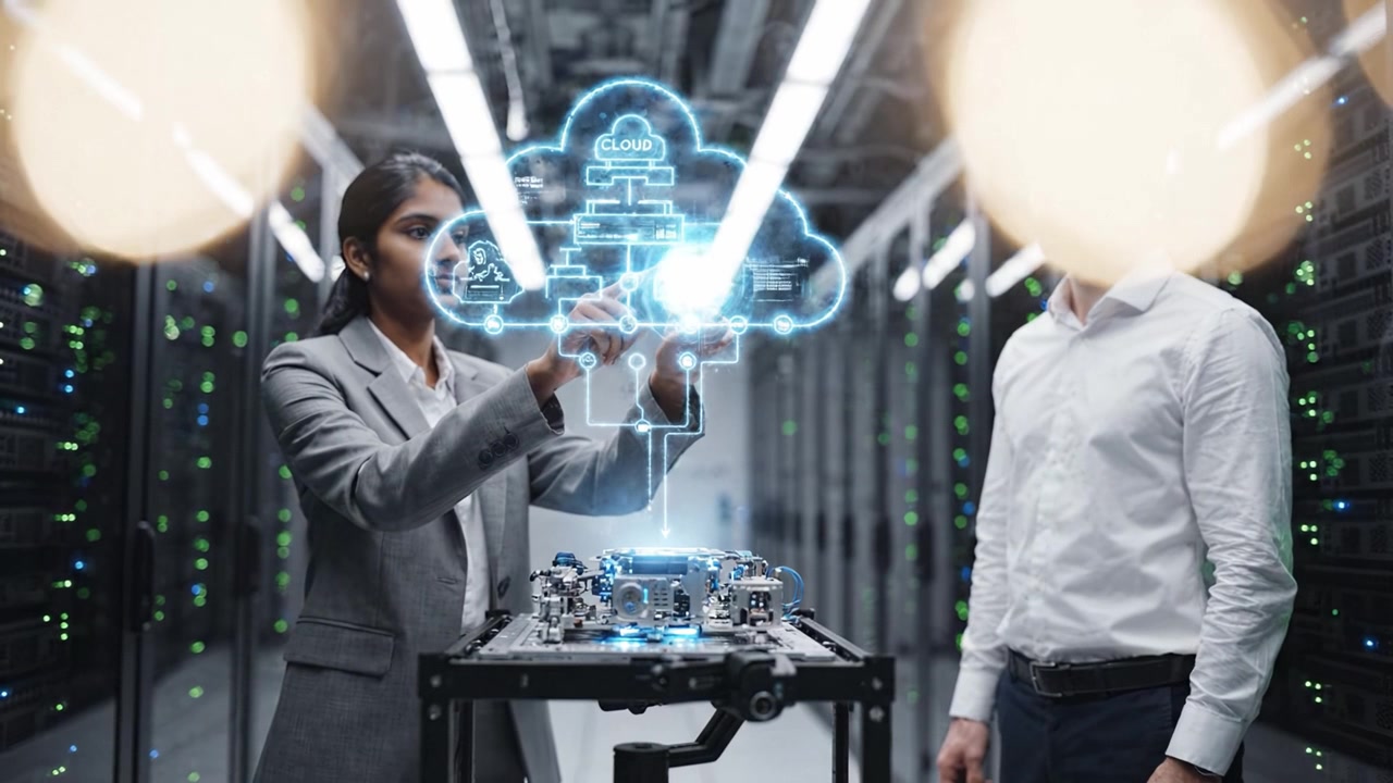 A female technician and a male engineer collaborate on futuristic technology in a high-tech server room, surrounded by glowing cloud graphics and complex data systems.