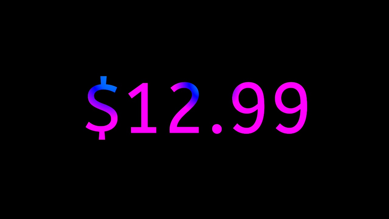 Modern Neon Fiyat Etiketi 12.99 Dolar Animasyonu Parlayan Gradyan Para Birimi Metni Hareketli Grafikler Siyah Arka Plan Üzerinde, Döngülenebilir iş konsepti