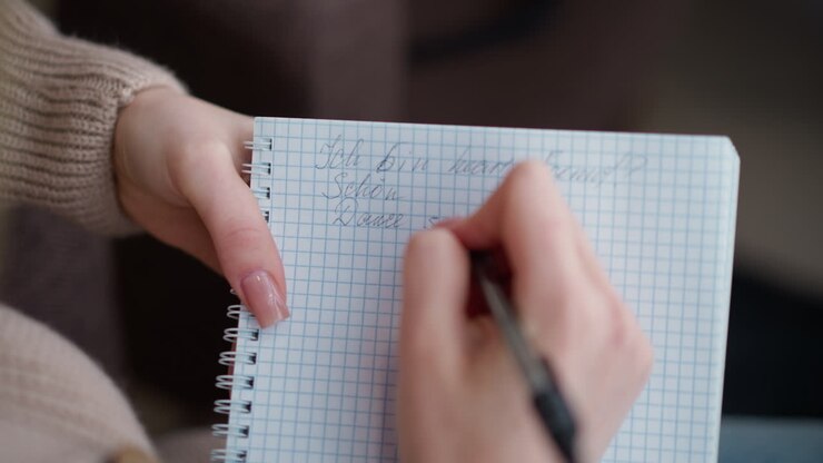 Nærbillede af en hånd, der skriver i en notesbog med en kuglepen, viser yndefulde håndbevægelser på ternet papir og fanger detaljer om skriveprocessen.