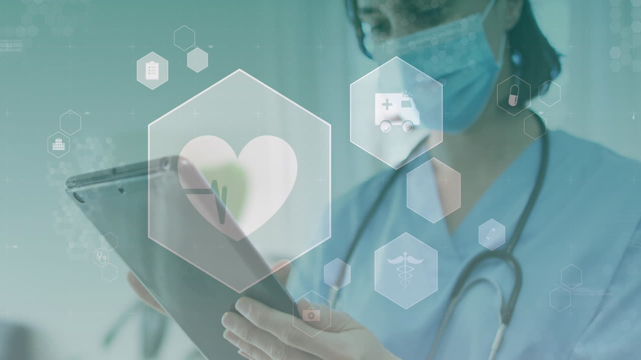 디지털 태블릿을 사용하여 마스크를 착용한 백인 여성 의사 위에 육각형으로 아이콘의 애니메이션