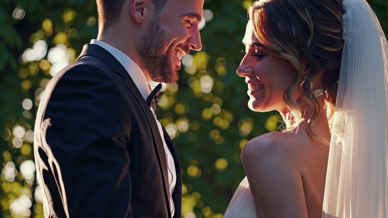 Fotogramma sfuocato di un video che ritrae una sposa e uno sposo in un giardino, ripresi da un angolo basso