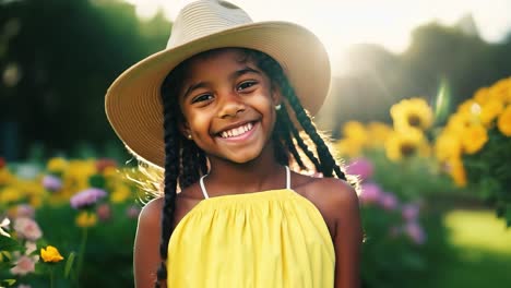 a young girl smiles happily in a field of flowers