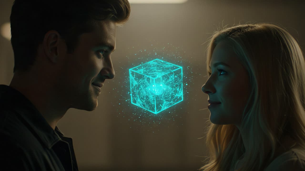 A Captivating Encounter: Two Figures Stare at Each Other While an Enigmatic Holographic Cube Suspends Between Them, Illuminating Their Faces with a Mystical Glow