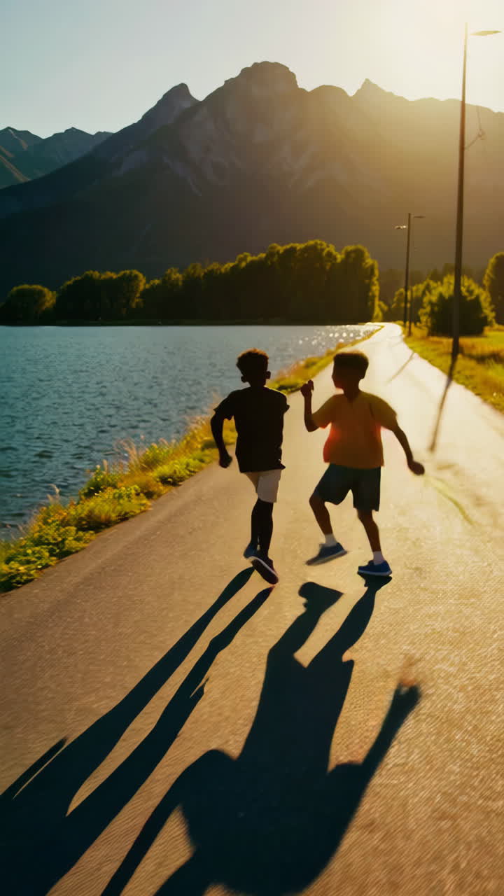 Two young boys running on a scenic path at sunset by a lake