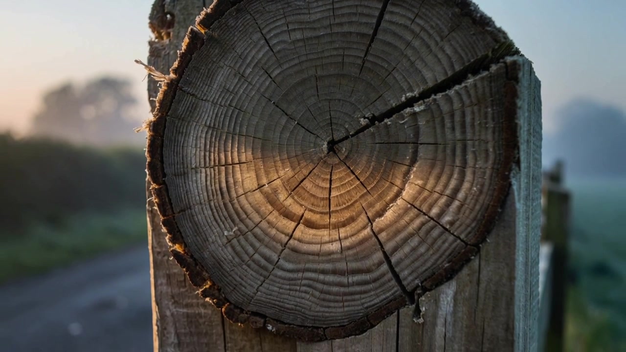 Revealing wooden fence post cut end while low sun lighting rings at roadside, with mist