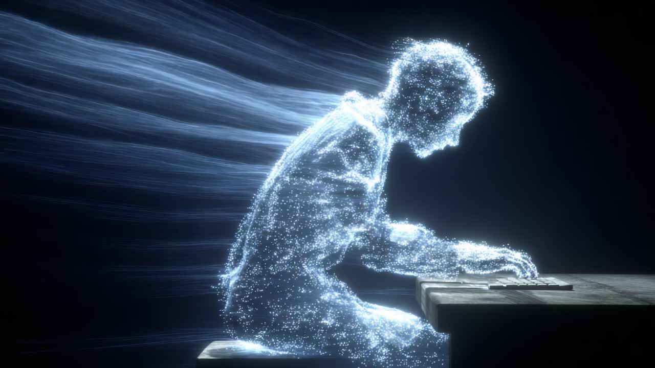 A mesmerizing depiction of an ethereal figure immersed in music, showcasing a captivating blend of reality and digital artistry with flowing light trails