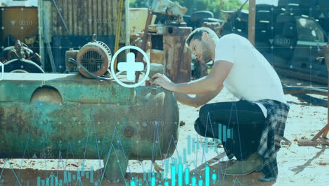 repairing machinery outdoors, man working with data analysis animation overlaid