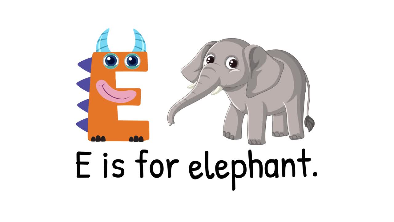 Playful animation with a cartoon letter 'E' and an elephant, highlighting alphabet learning with vibrant colors and simple transitions