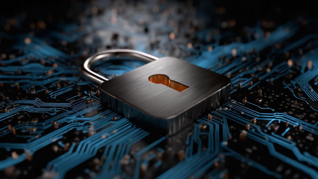 A detailed view of a digital padlock resting on a circuit board background, symbolizing cybersecurity and data protection in a modern technological landscape